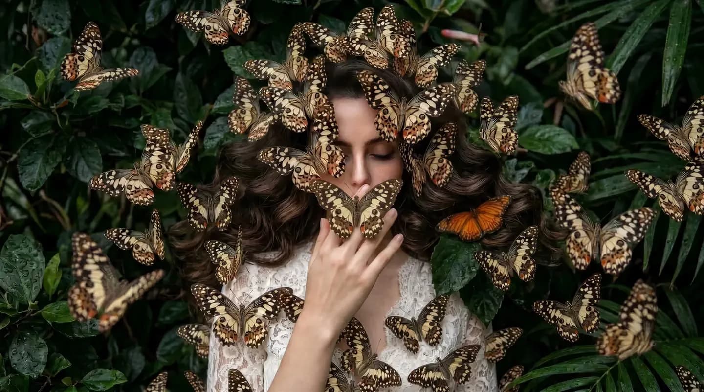 A woman at peace among cream and amber butterflies, eyes closed